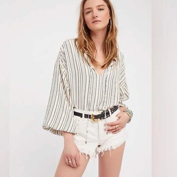 Free People Rythmn of the Night Striped Crinkle Tunic Blouse Oversized Relaxed M - Picture 1 of 11